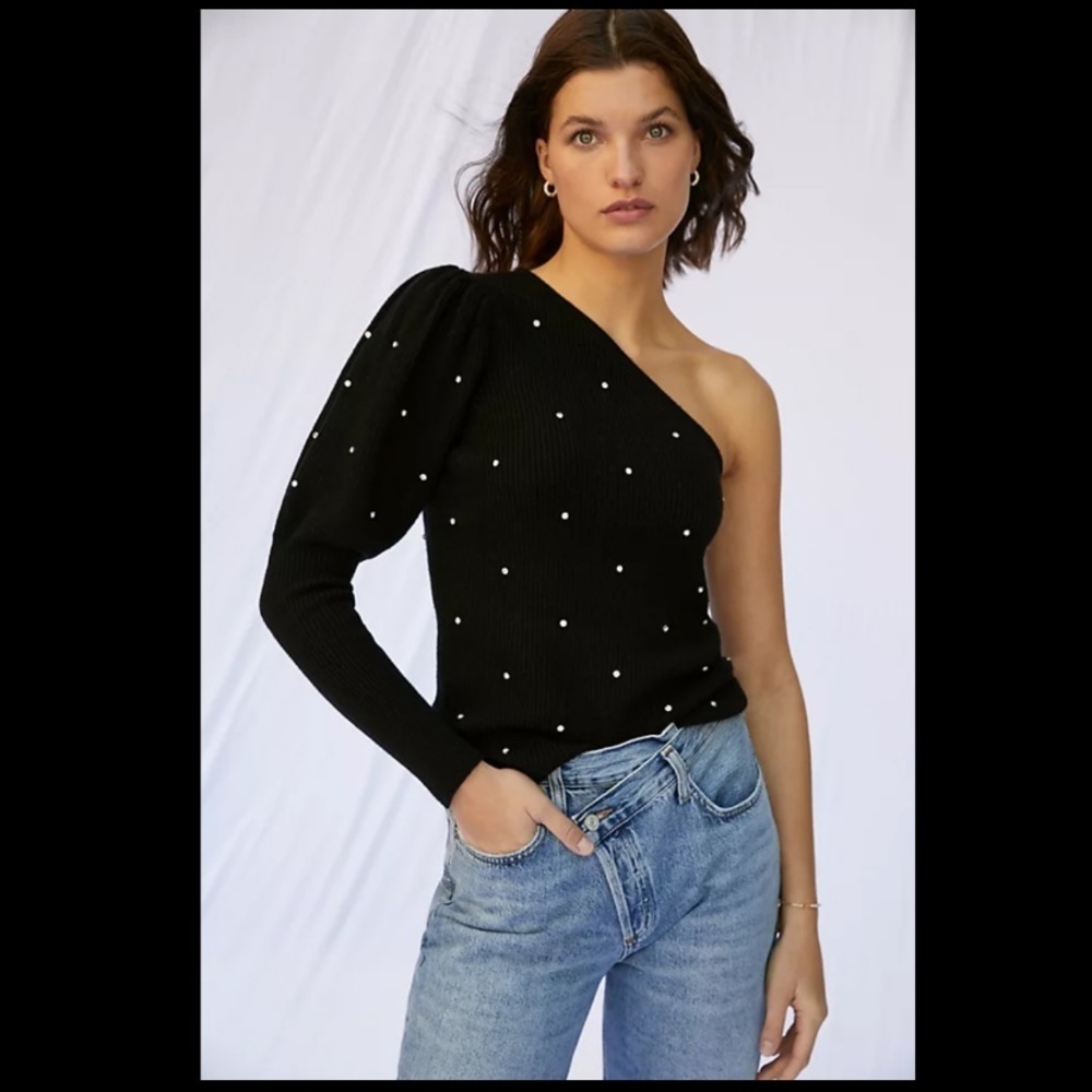 Anthropologie NWT Studded One-Shoulder Sweater With Pearls Size M. - Picture 6 of 6
